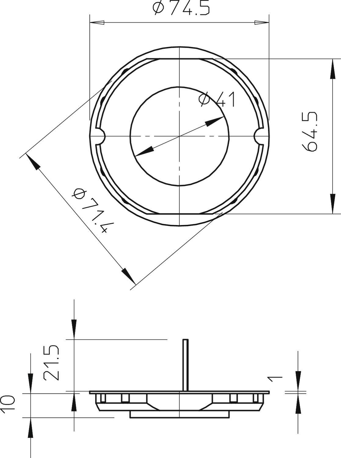 Technische Zeichnung eines runden Bauteils mit Maßen: Durchmesser 74,5 mm und 64,5 mm. Profilansicht zeigt Höhe von 21,5 mm.