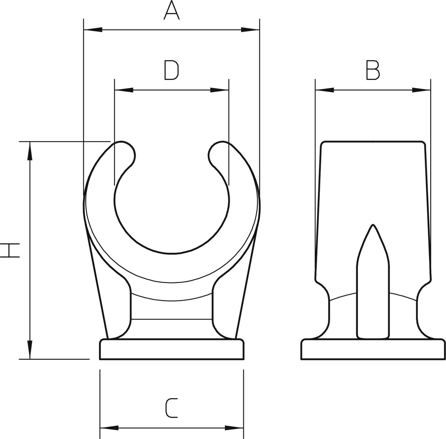Technische Zeichnung eines Rohrclips mit Maßangaben: A, B, C, D und H. Zeigt Vorder- und Seitenansicht des Clips inklusive Bemaßung.