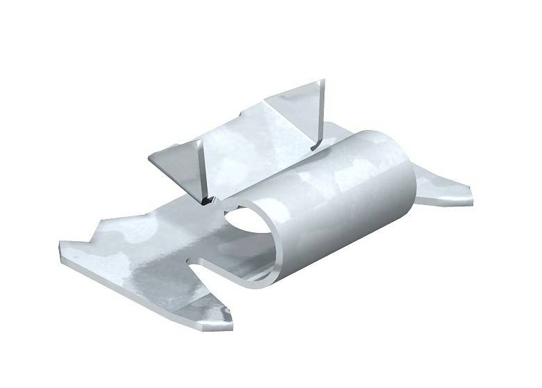 Ein Metallclip mit zwei seitlichen Flügeln und einer runden Öffnung in der Mitte. Er wird zur Befestigung oder zum Zusammenhalten verwendet.