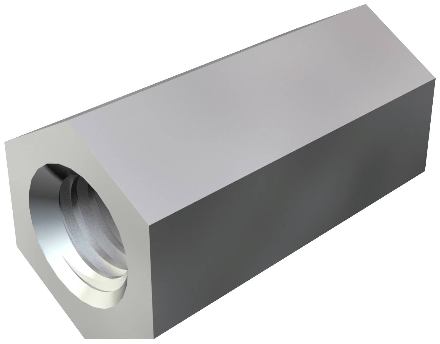 Sechskantmutter aus Metall, zylindrisches Gewinde, silberne Oberfläche.