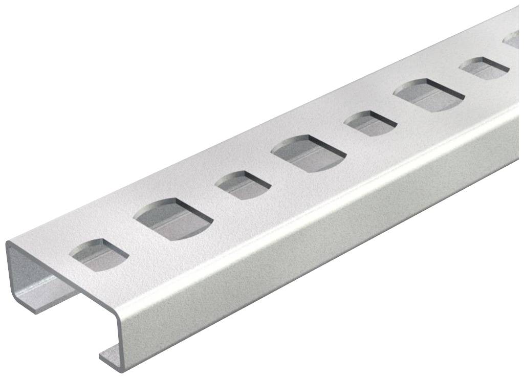 Metallschiene mit ovalen Löchern, rechteckiges Profil. Verwendung in der Elektroinstallation zur Befestigung von Kabeln oder Geräten.
