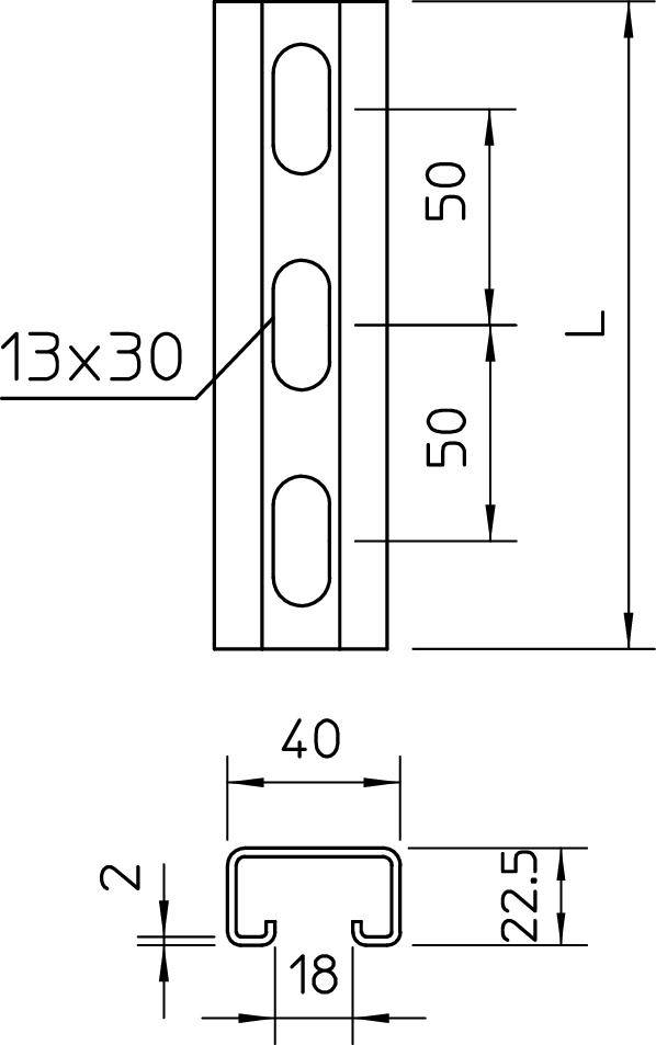 Technische Zeichnung einer Metallprofilschiene. Maße: Längenmaße von 50 mm, Breite 40 mm, Höhe 22,5 mm. Nutbreite 18 mm.