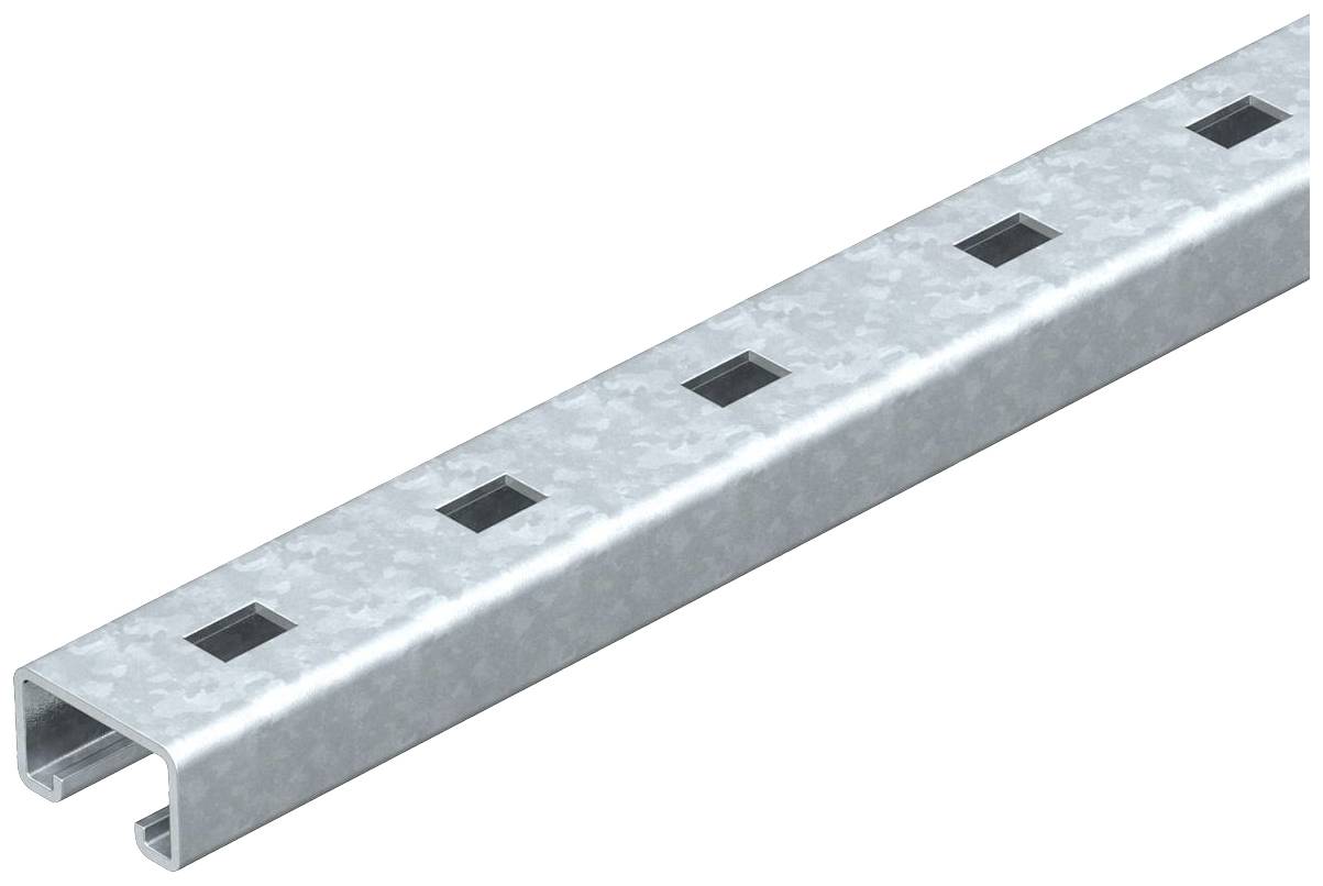 Metallprofil mit U-Form und regelmäßigen quadratischen Löchern, verwendet typischerweise als Bau- oder Montageschiene.