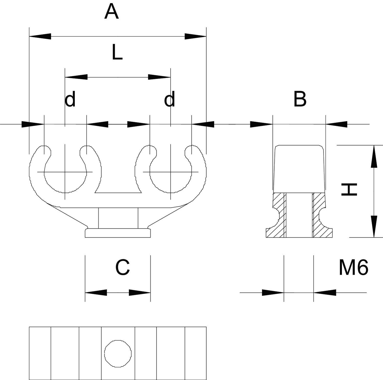 Technische Zeichnung eines Rohrschellenhalters mit Maßen A, B, C, L, d und H. Seitliche Ansicht zeigt Querschnitt und M6-Gewinde.