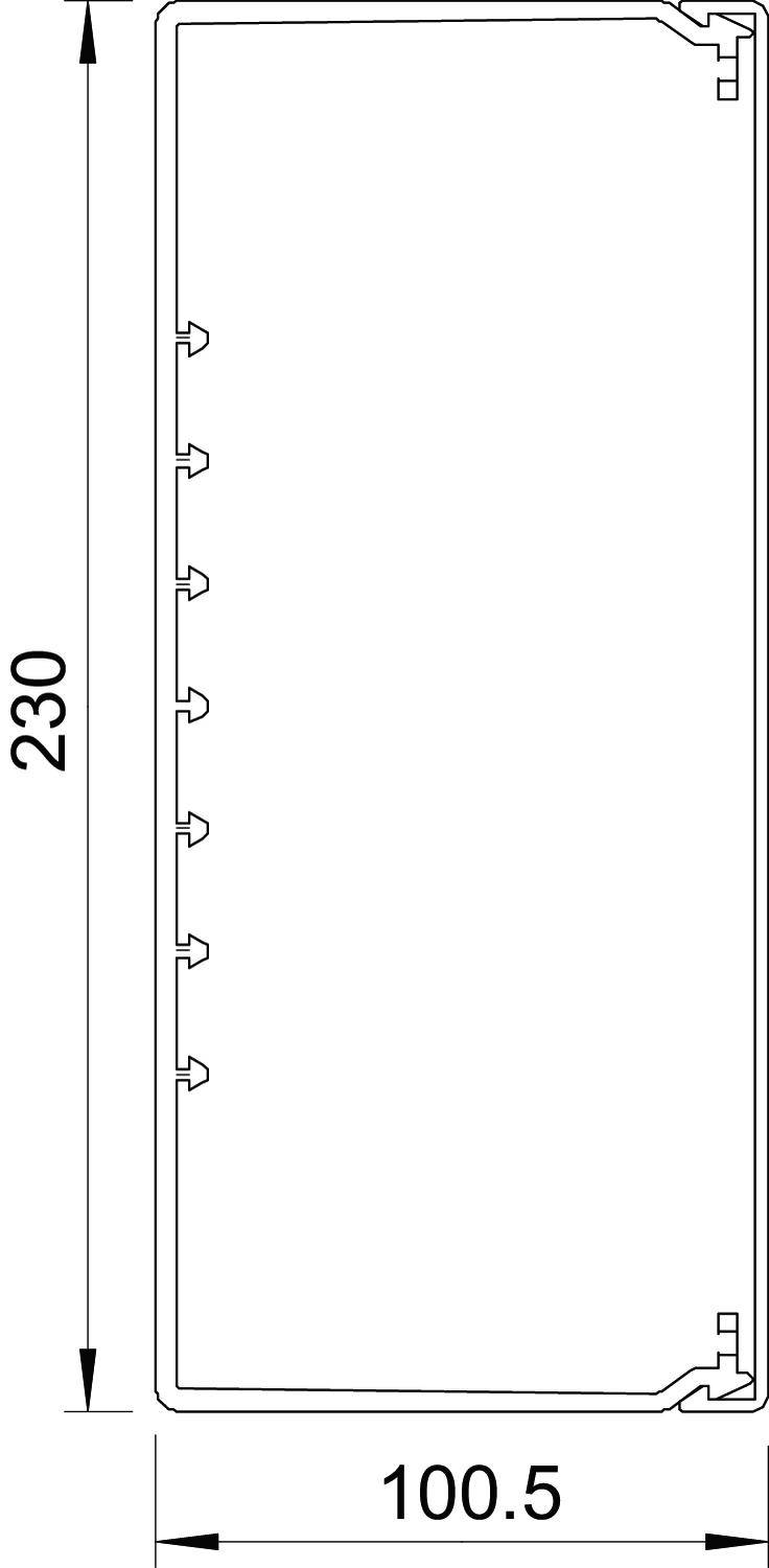 Technische Zeichnung eines rechteckigen Teils mit abgerundeten Ecken. Maßangaben: Höhe 230 mm, Breite 100,5 mm.