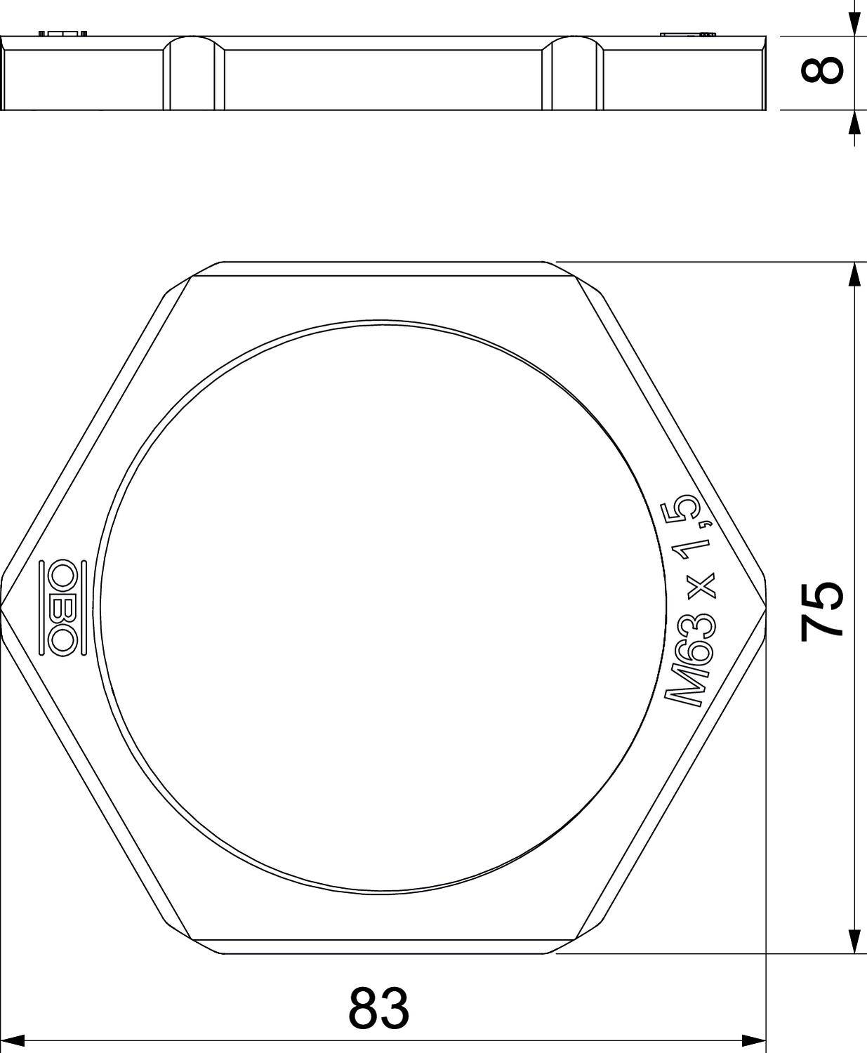 Stiftkappen-Zeichnung mit sechseckigem Design. Seitliche und obere Perspektiven mit Maßen: 83 mm Breite, 75 mm Höhe, 8 mm Dicke. Markierung 'OBO M63 x 1.5'.
