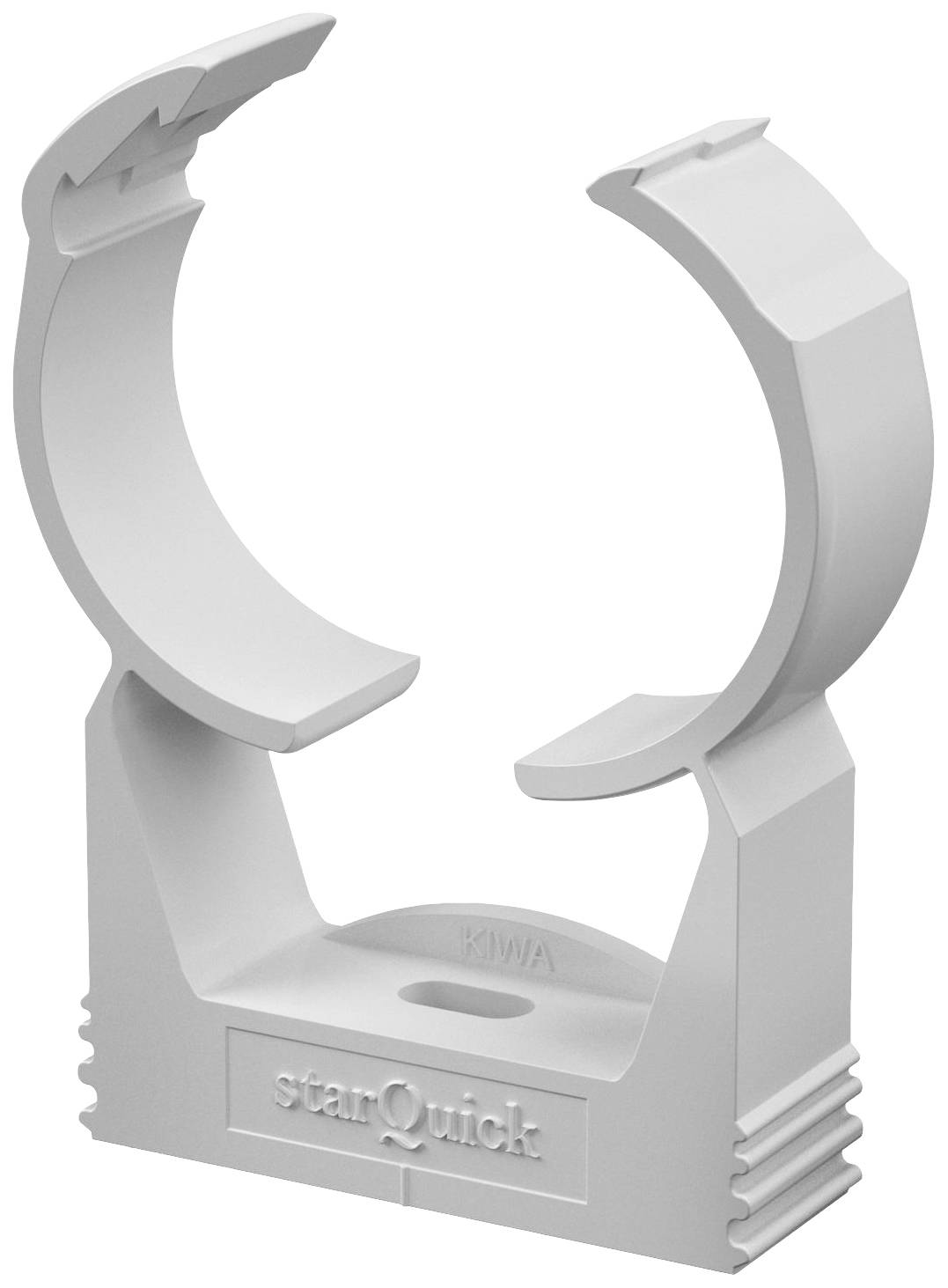 Kunststoff Rohrschelle zur Befestigung von Rohren an Wänden, mit schnellem Verriegelungsmechanismus, geeignet für einfache Montage.