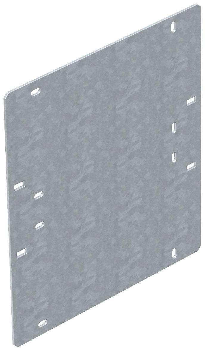Eine rechteckige, graue Metallplatte mit mehreren kleinen Löchern; wird als Verbindungselement oder Halteplatte in Konstruktionen verwendet.