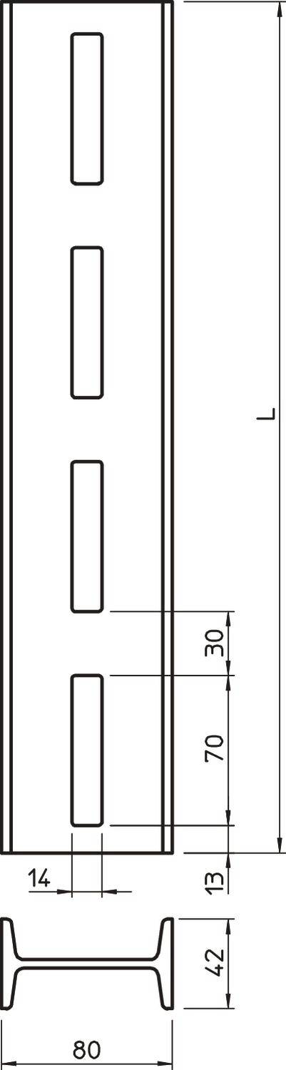 Technische Zeichnung eines metallischen C-Profils mit rechteckigen Öffnungen. Maße: Breite 80 mm, Höhe 42 mm, verschiedene Abstände.