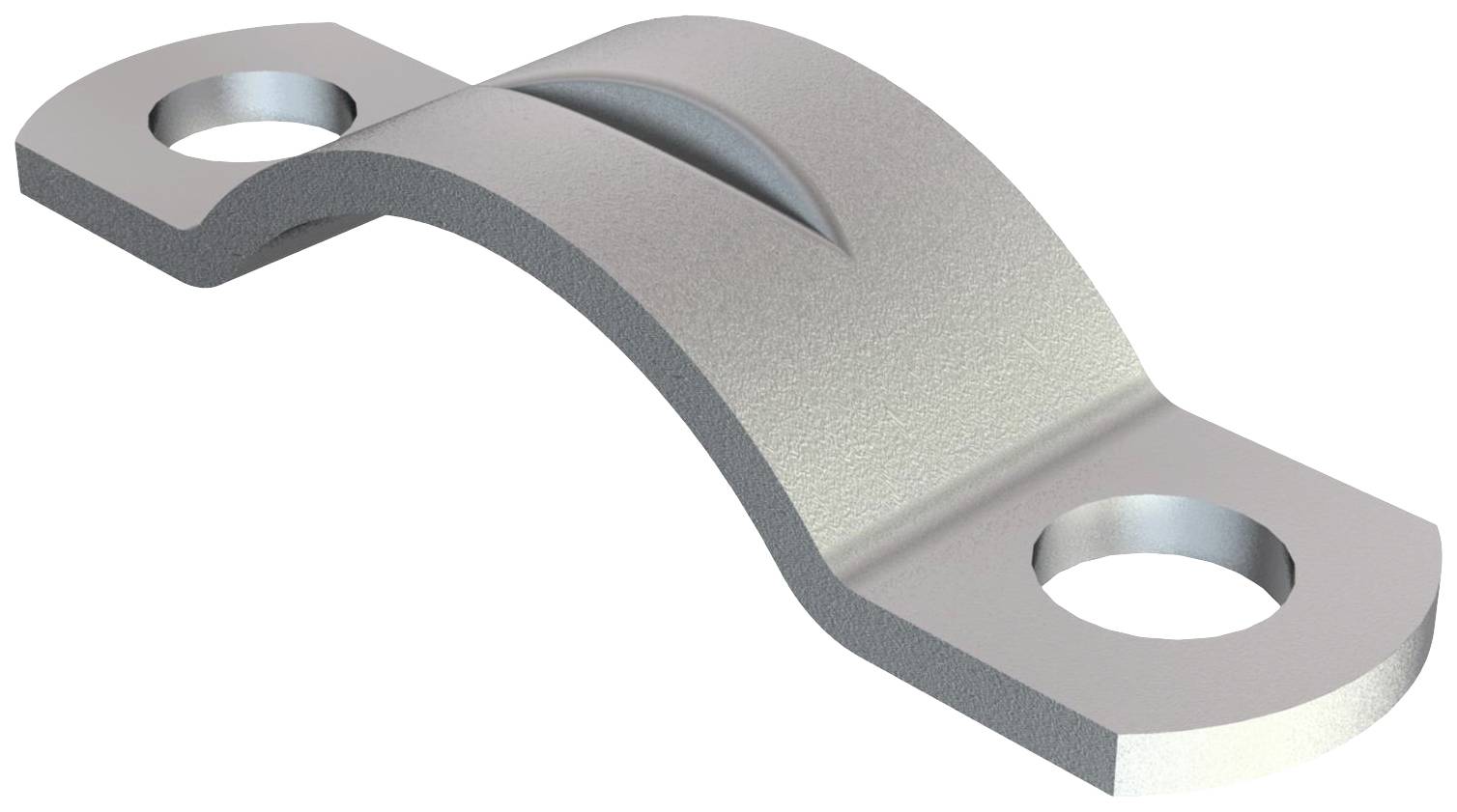 Metallische Schelle mit zwei Befestigungslöchern, gebogener Form. Sie dient zur Befestigung von Kabeln oder Rohren auf einer Oberfläche.