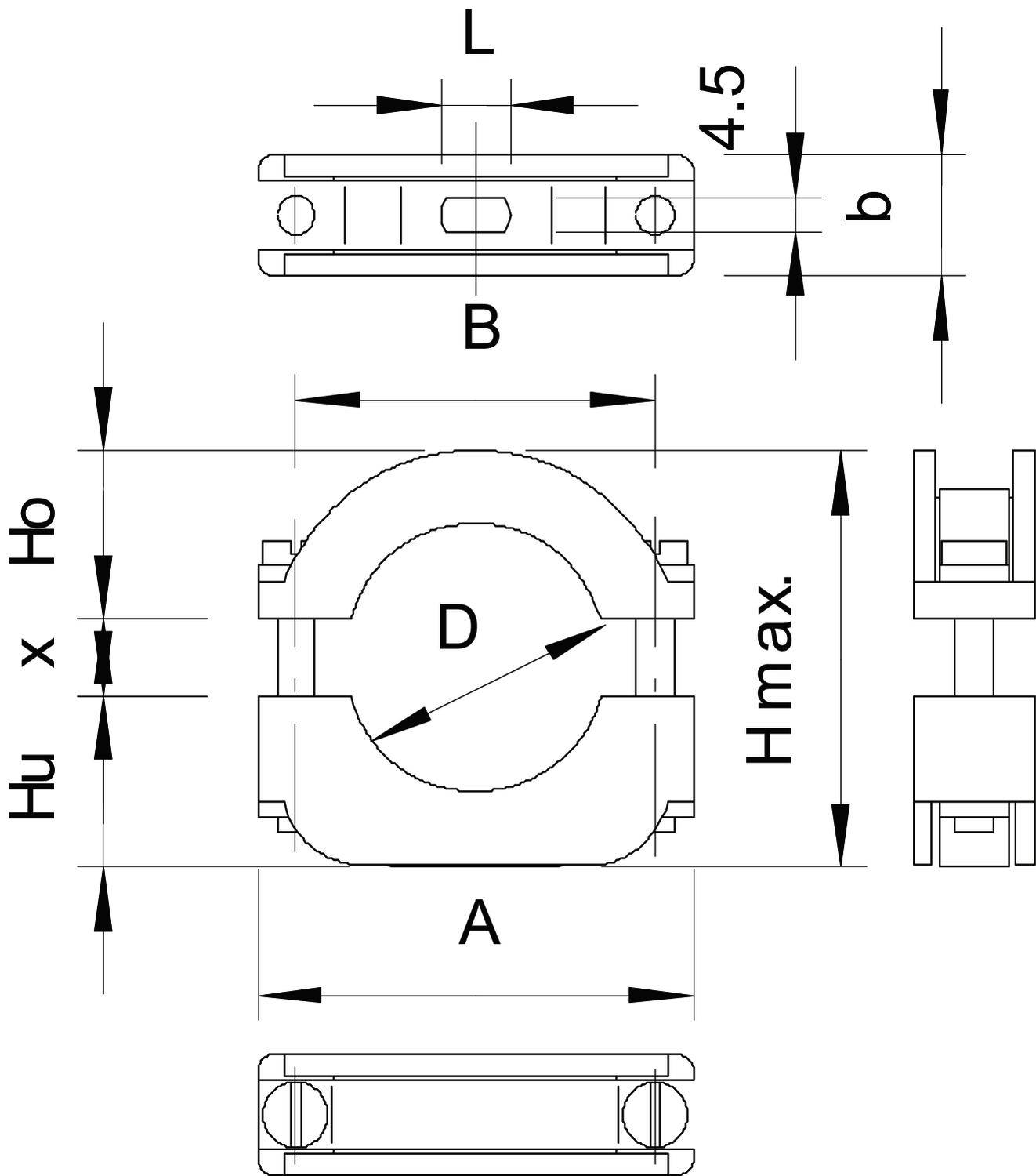 Technische Zeichnung eines Rohrschellen-Rundhalters mit Maßangaben: Länge (L), Breite (B), Durchmesser (D), Höhe maximal (Hmax), Höhe unten (Hu), Höhe oben (Ho).