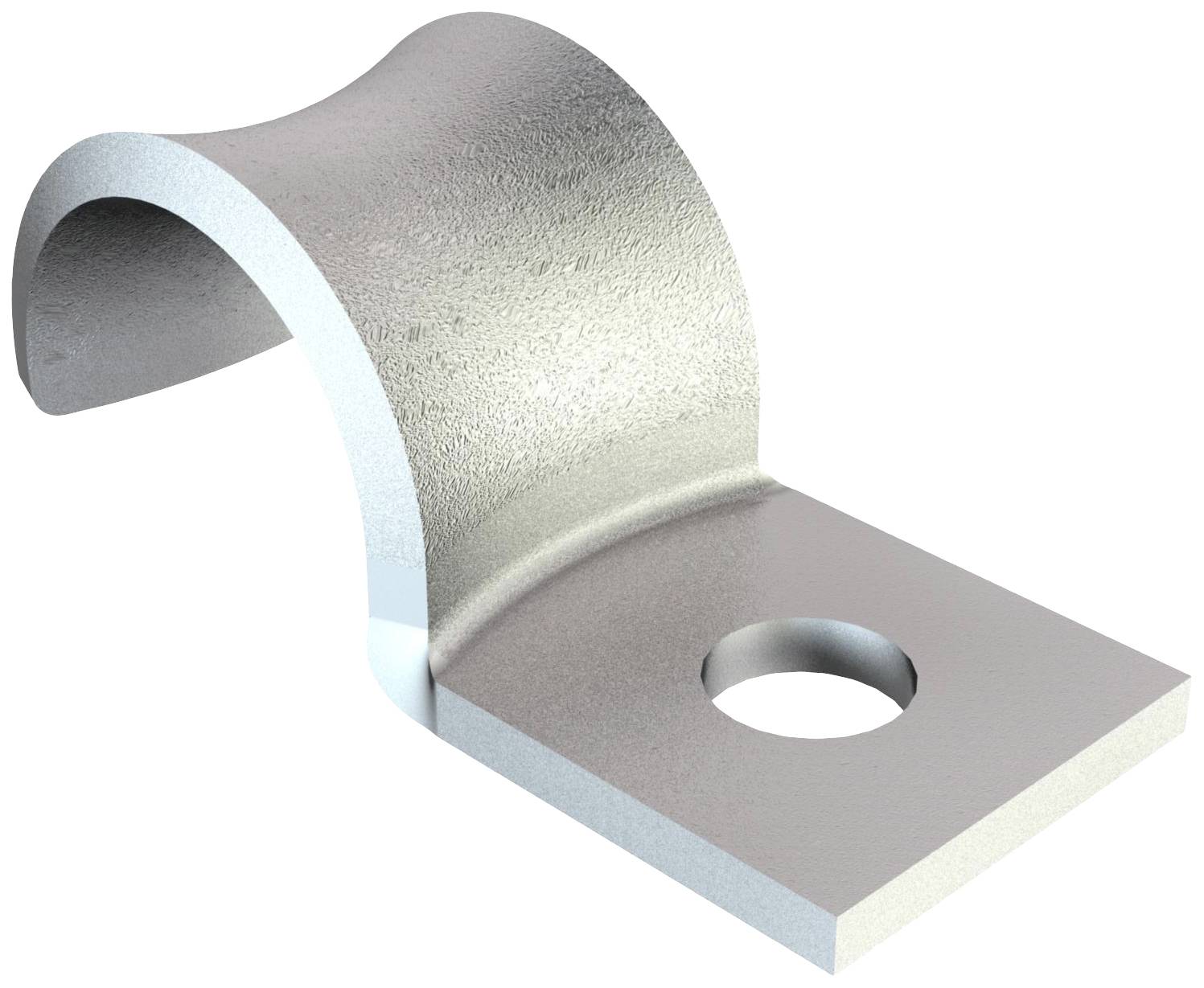 Metallische Rohrschelle mit einem Loch zur Befestigung an Oberflächen, geeignet zur Sicherung von Rohren oder Kabeln.