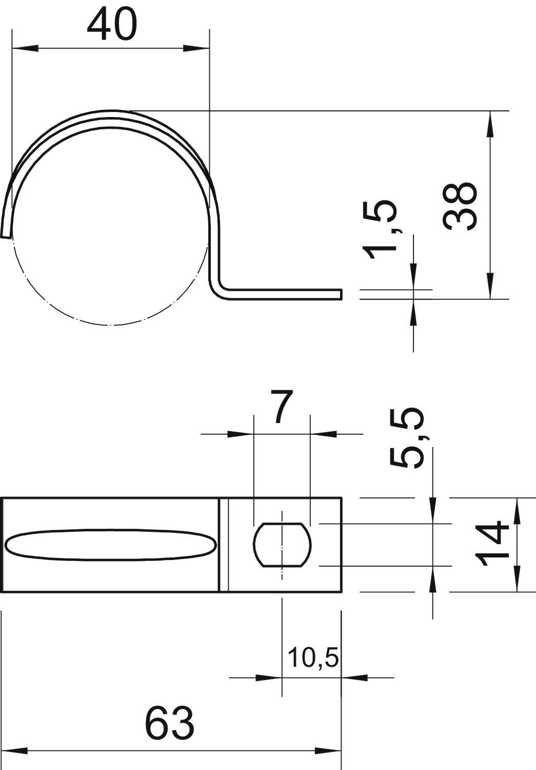Technische Zeichnung einer Rohrschelle mit Maßen: Gesamtlänge 63 mm, Höhe 38 mm, Breite 14 mm, Materialstärke 1,5 mm.