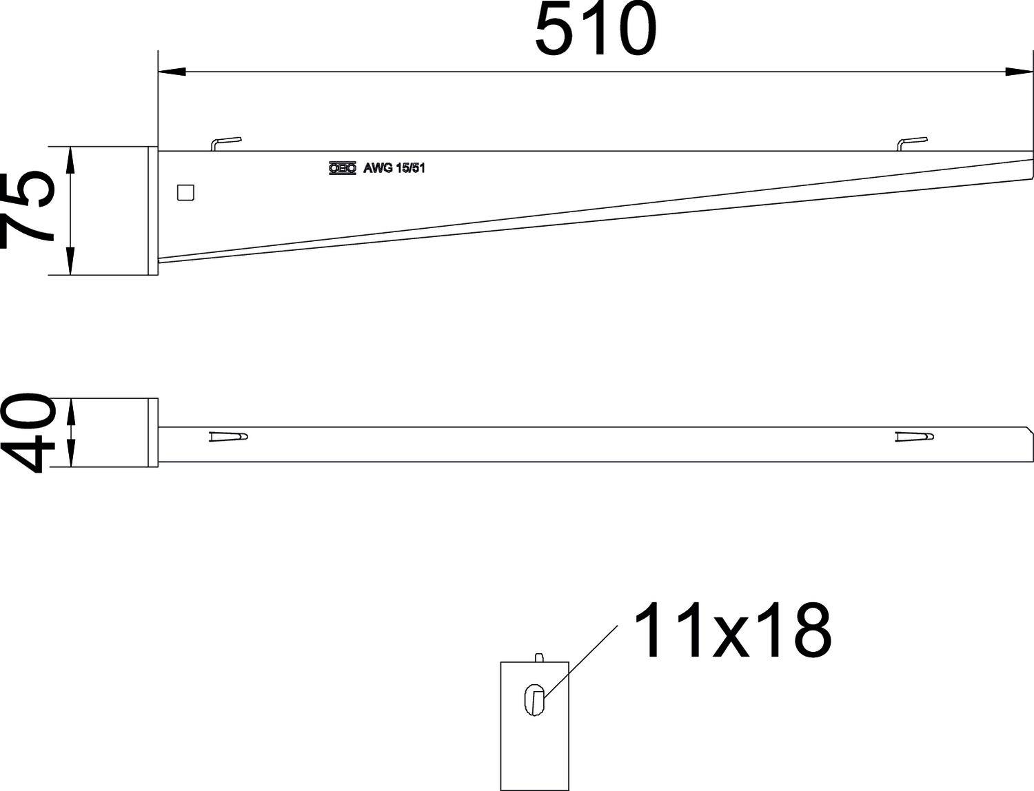 Technische Zeichnung eines Bauteils mit den Maßen 510 mm und 75 mm Höhe. Seitenansicht zeigt weitere Details, markierter Bereich 11x18 mm.