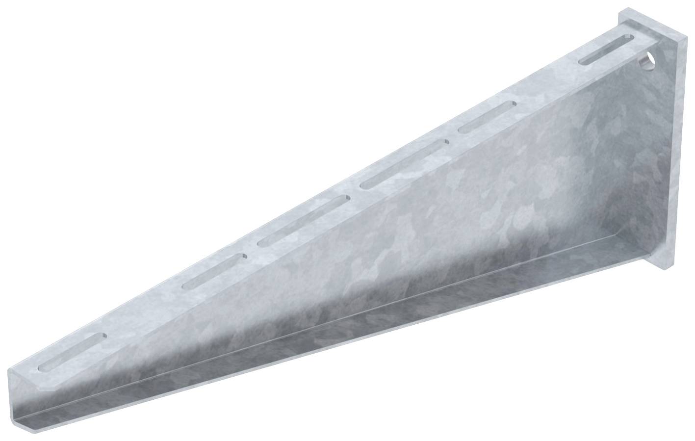 Ein stählerner Regalhalter mit Winkelform, geeignet zur Wandmontage. Silberfarben und mit mehreren Langlöchern zur Befestigung.