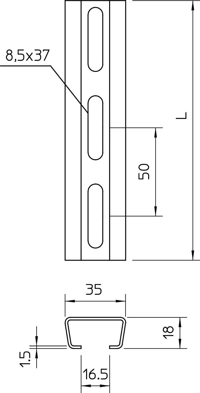 Technische Zeichnung eines Metallprofils mit den Maßen: Länge 50 mm, Breite 35 mm, Höhe 18 mm, Schraublöcher 8,5x37 mm.