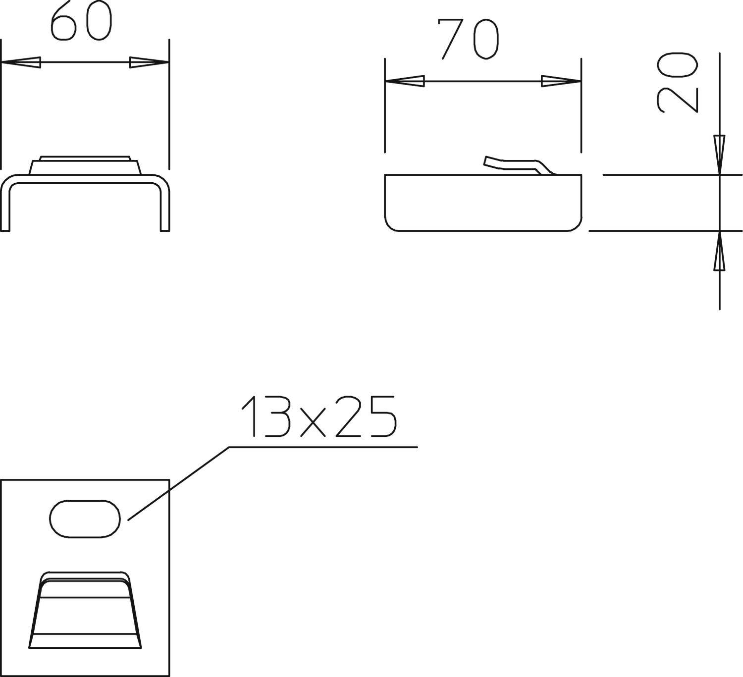 Konstruktionszeichnung eines Bauteils mit Maßen: 60 mm Breite, 70 mm Länge, 20 mm Höhe. Detailausschnitt zeigt einen Schlitz von 13x25 mm.