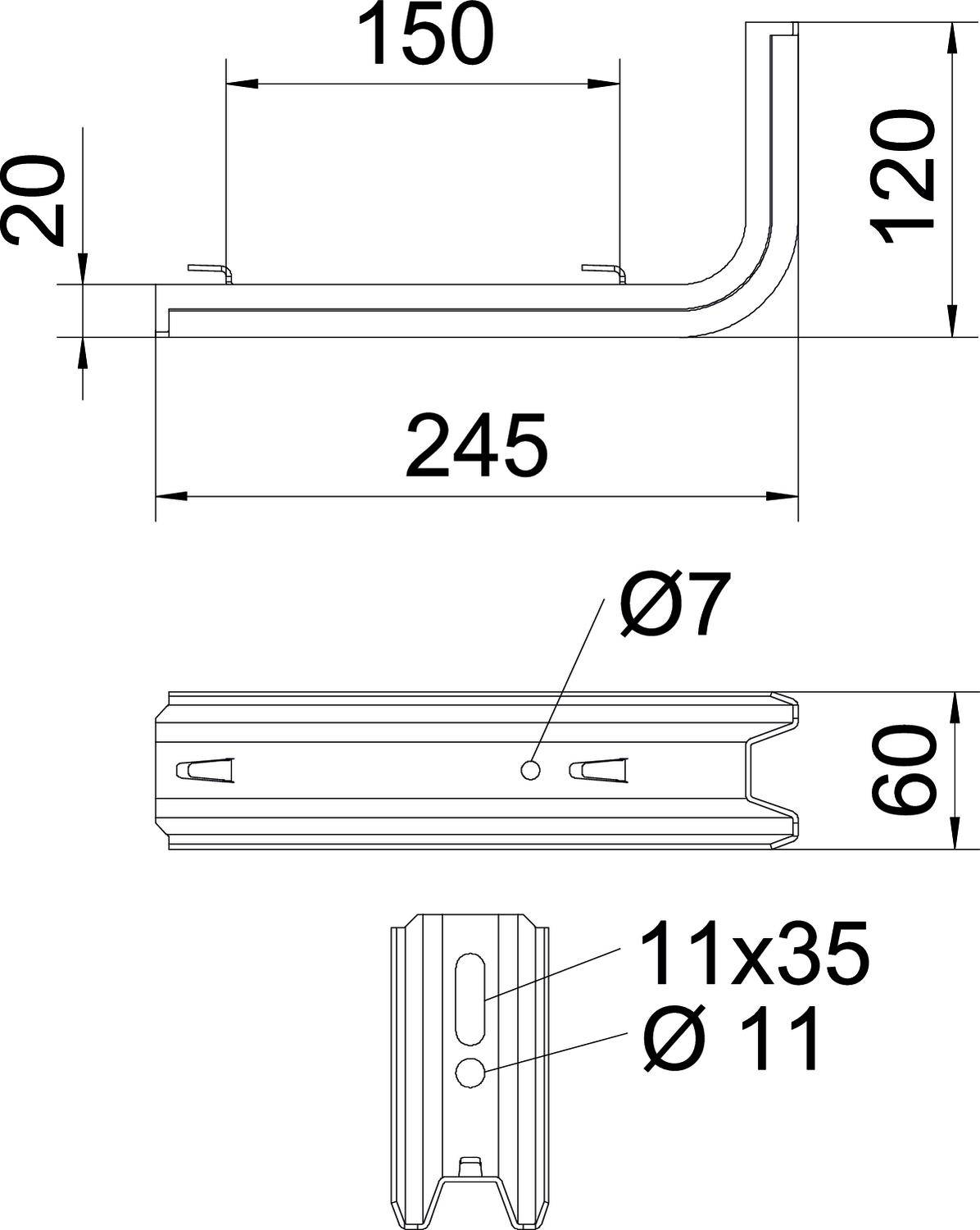 Technische Zeichnung eines Metallprofils mit Maßen: 150 mm Länge, 120 mm Höhe, 245 mm Gesamttiefe. Bohrungsdurchmesser Ø7 mm und Ø11 mm.