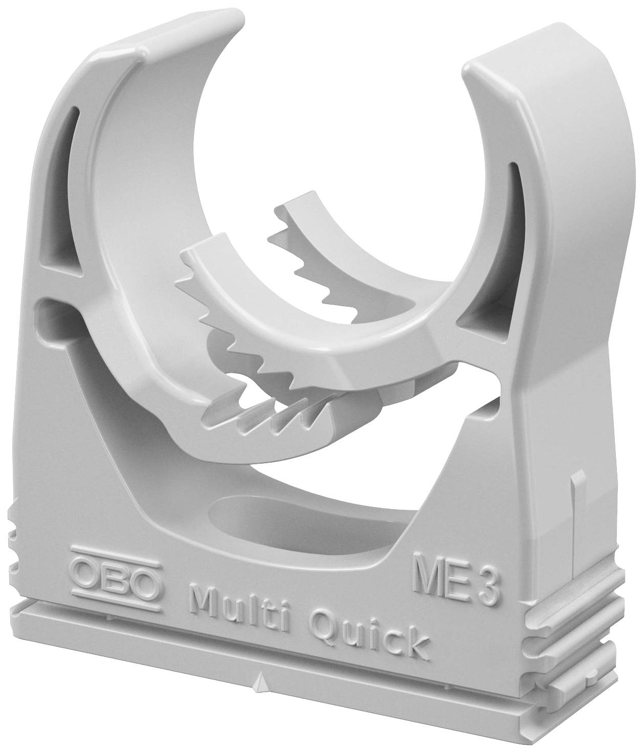 Der Kabelhalter OBO ME3 Multi Quick in grauer Farbe zeigt einen offenen Clip-Mechanismus für schnelles Befestigen von Kabeln.