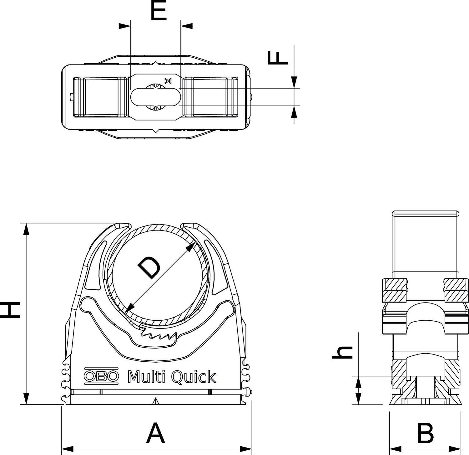 Technische Zeichnung eines ovalen Bauteils mit Beschriftungen: A, B, D, E, F, H, h. Text 'OBO Multi Quick' auf dem Bauteil.