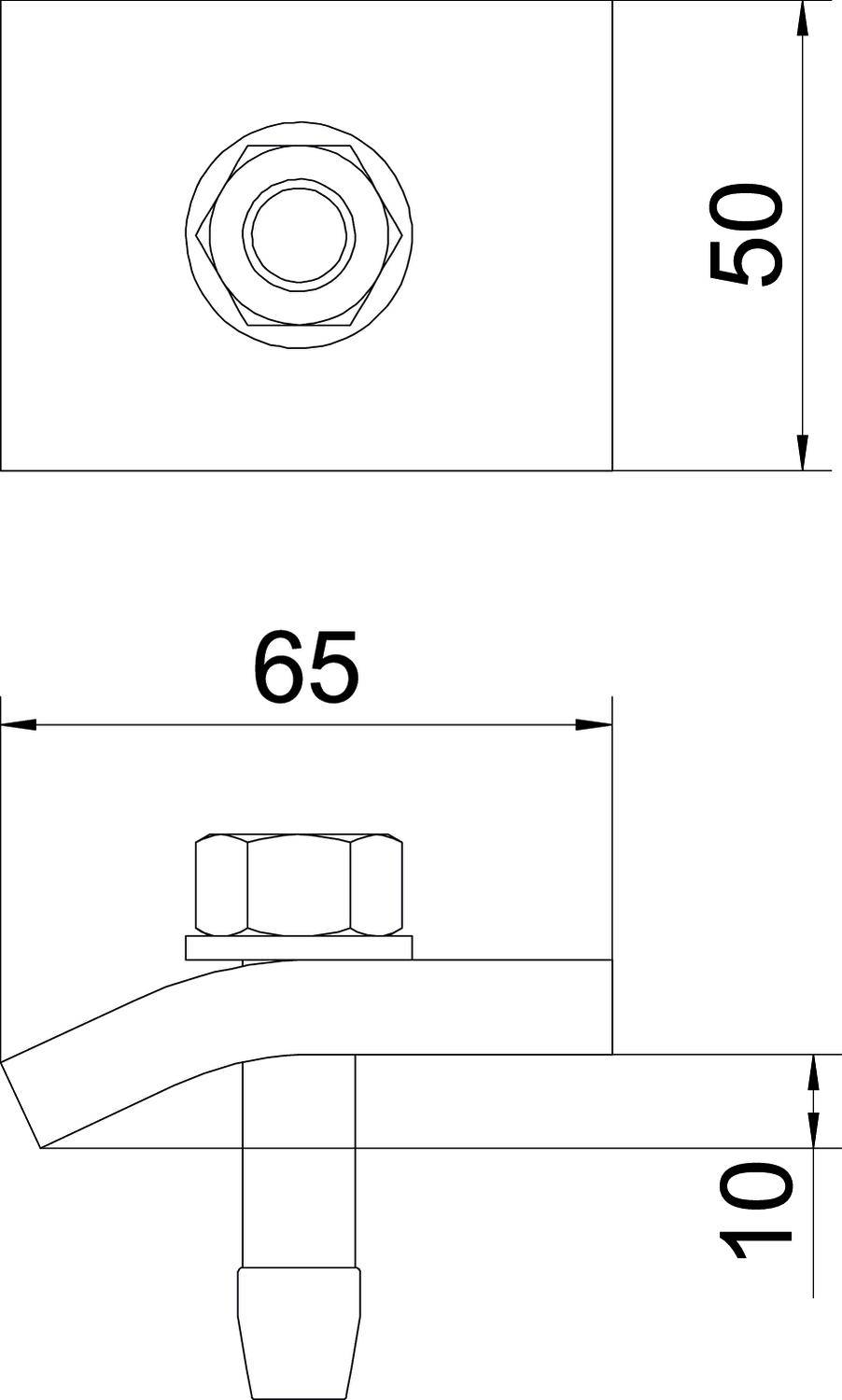 Technische Zeichnung zeigt eine Schraubenverbindung mit Maßen: Gesamtbreite 65 mm, Höhe 50 mm, Stutzenhöhe 10 mm.