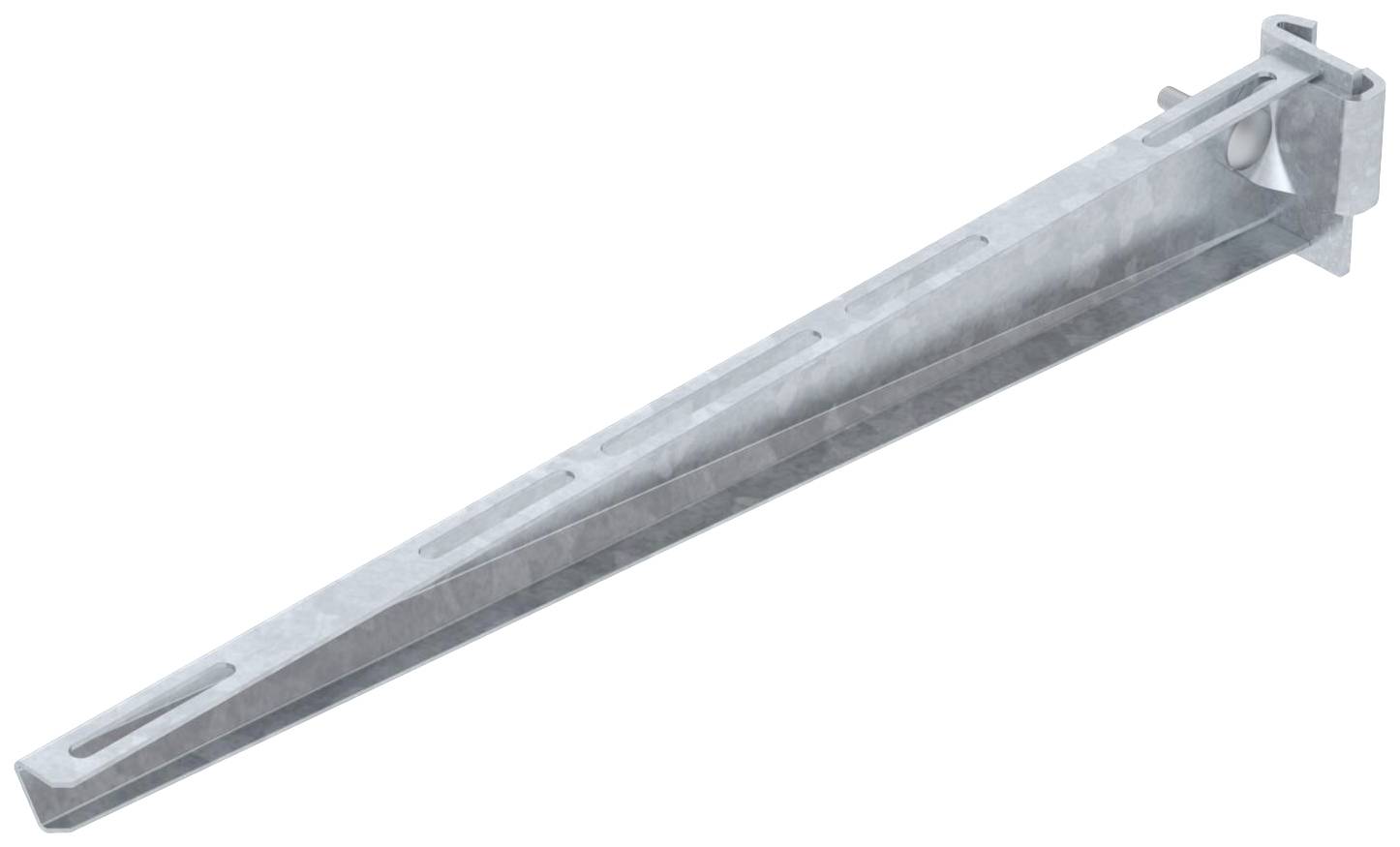 Ein langer, metallischer Träger mit Schlitzen und einer Haltevorrichtung am Ende, verwendet zur Stabilisierung in Baukonstruktionen.