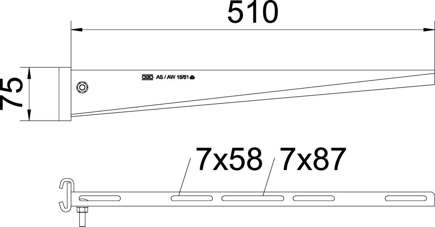 Technische Zeichnung einer Wandhalterung mit den Maßen: Länge 510 mm, Höhe 75 mm. Drei Aufhängelöcher: 7x58, 7x87 beschrieben.