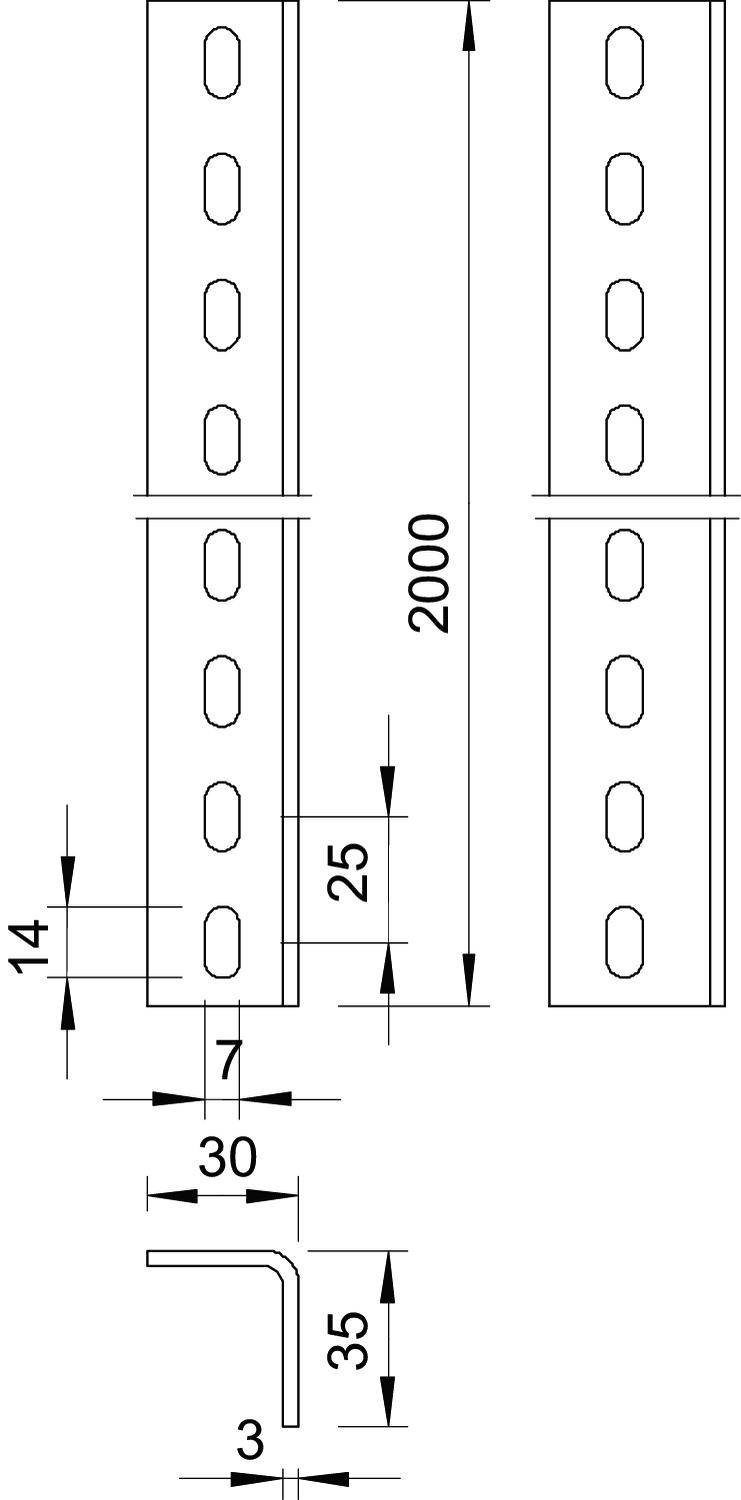 Konstruktionszeichnung eines Lochprofils aus Metall, 2000 mm hoch, mit Lochdurchmessern von 14 mm. Seitenlängen von 30 mm und 35 mm.
