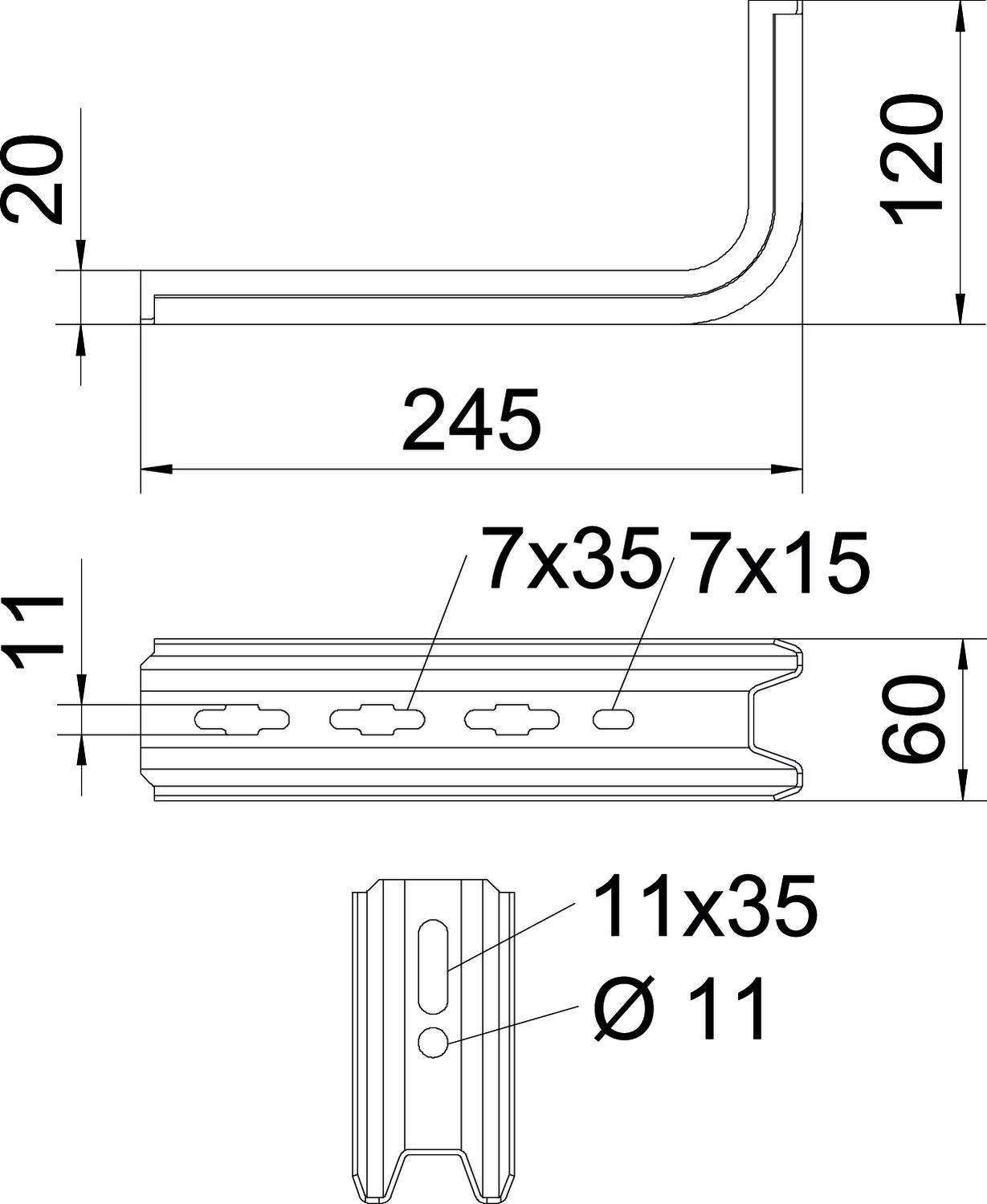 Technische Zeichnung eines Metallprofils mit Maßen: Höhe 120 mm, Breite 245 mm, Profil 60 mm. Bohrungen markiert mit Größenangaben.