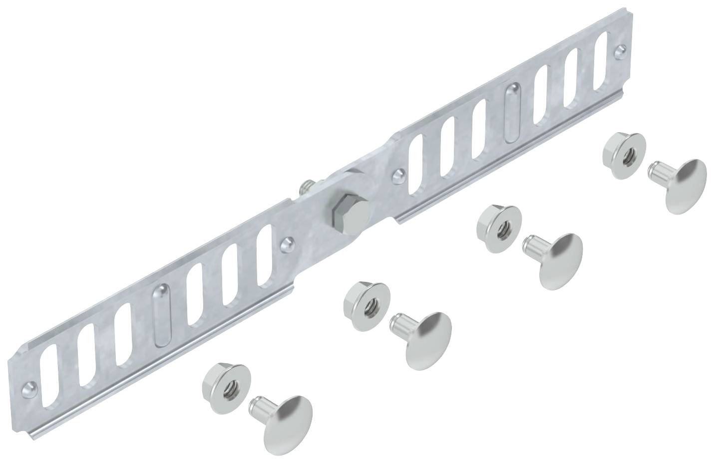 Metallmontageset mit verstellbarer Halterung und sechs Schrauben, geeignet für Befestigungsanwendungen an Wänden oder Decken.