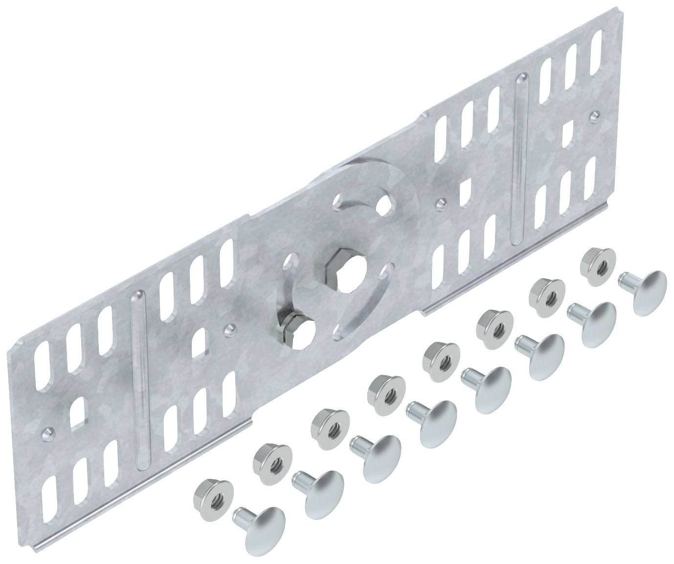 Metallplatte mit mehreren rechteckigen Öffnungen, in der Mitte ein rundes Element. Darunter sind acht Schrauben und Muttern angeordnet.