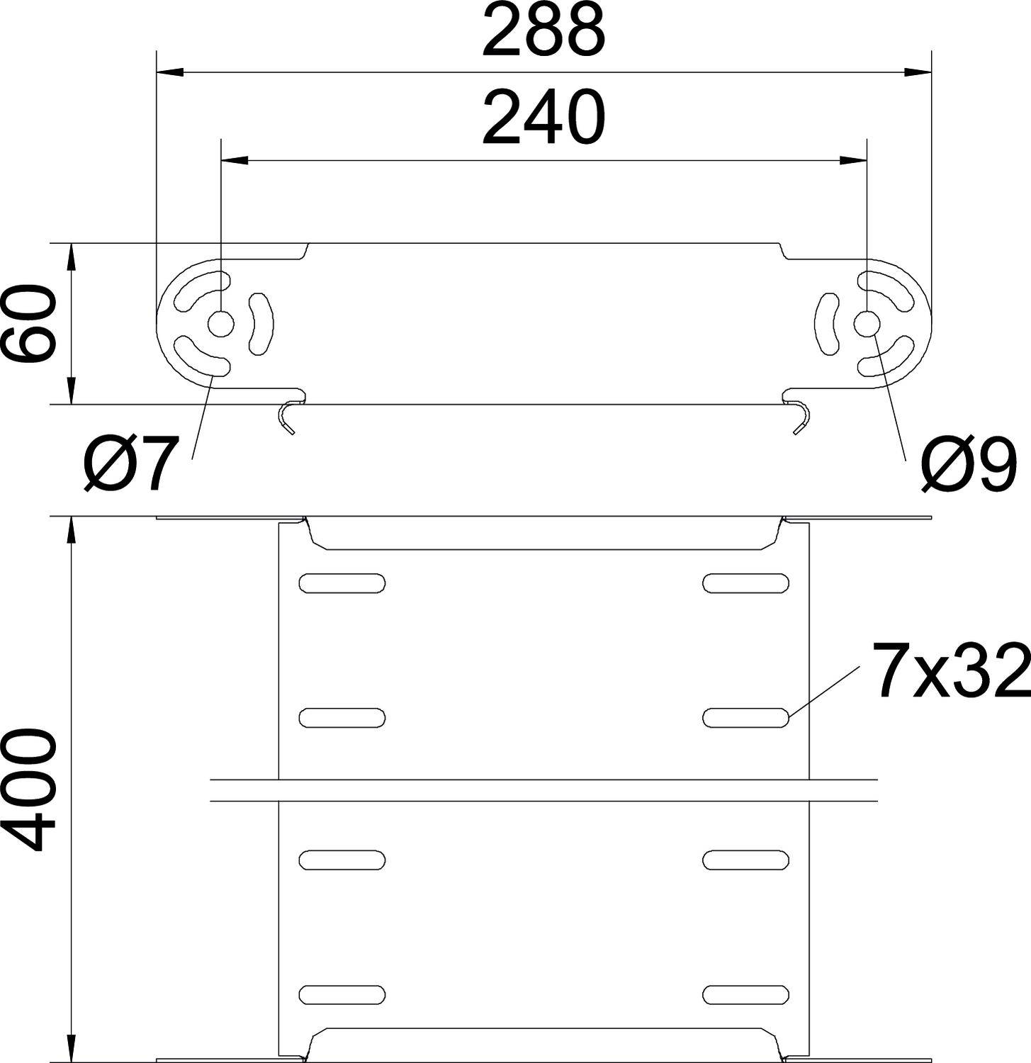 Technische Zeichnung eines rechteckigen Bauteils mit Maßen. Oben 288 mm breit, 240 mm Innenbreite, Gesamthöhe 400 mm.