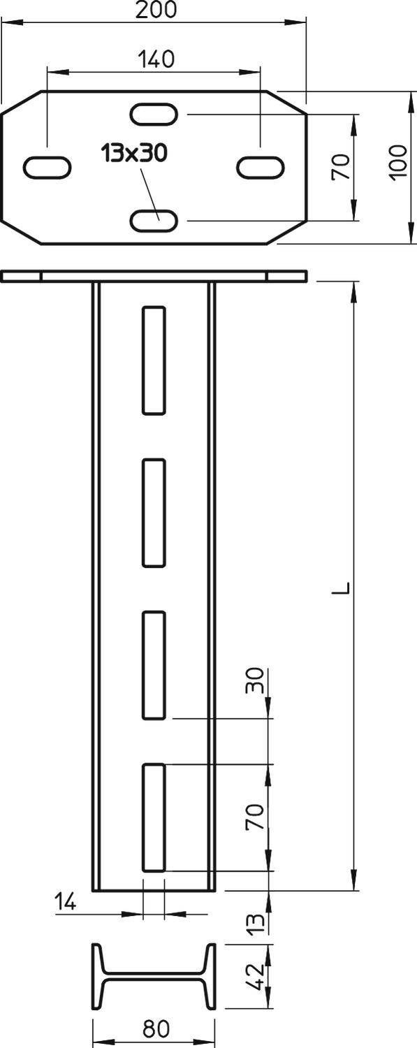 Technische Zeichnung eines Metallprofils mit Abmessungen: Höhe L, Breite 80 mm, Befestigungslöcher 13x30 mm; Detailansicht der Bohrungen oben.