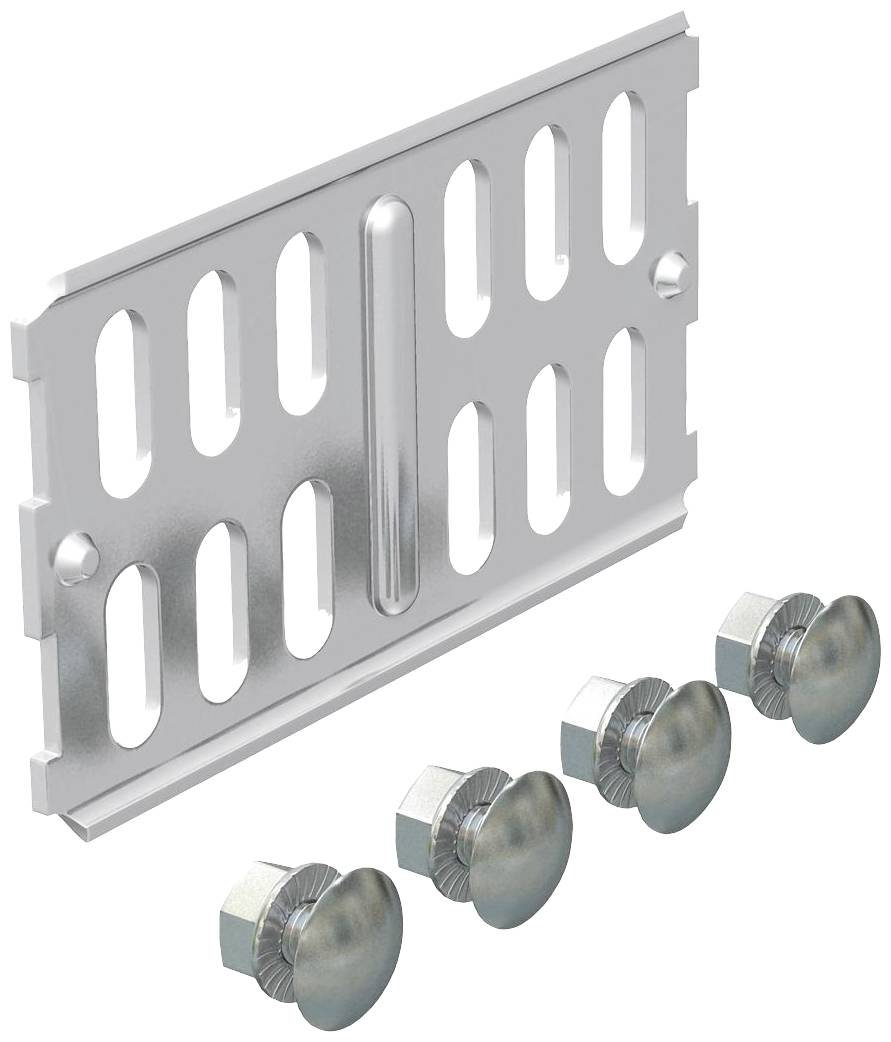 Metallplatte mit Schlitzen und vier dazugehörigen Schrauben, wahrscheinlich Teil eines Befestigungssystems für Montagen.