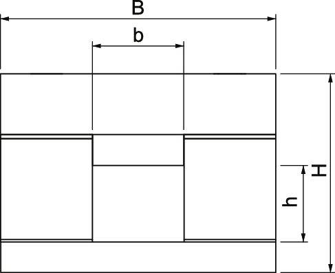 Technische Zeichnung eines rechteckigen Objekts mit den Maßen 'B', 'b', 'H' und 'h', die verschiedene Teile des Objekts markieren.