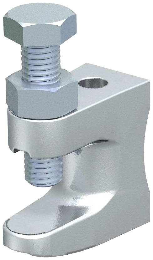 Klemme aus Metall mit Schraube, verwendet zur Sicherung von Objekten oder Bauteilen.
