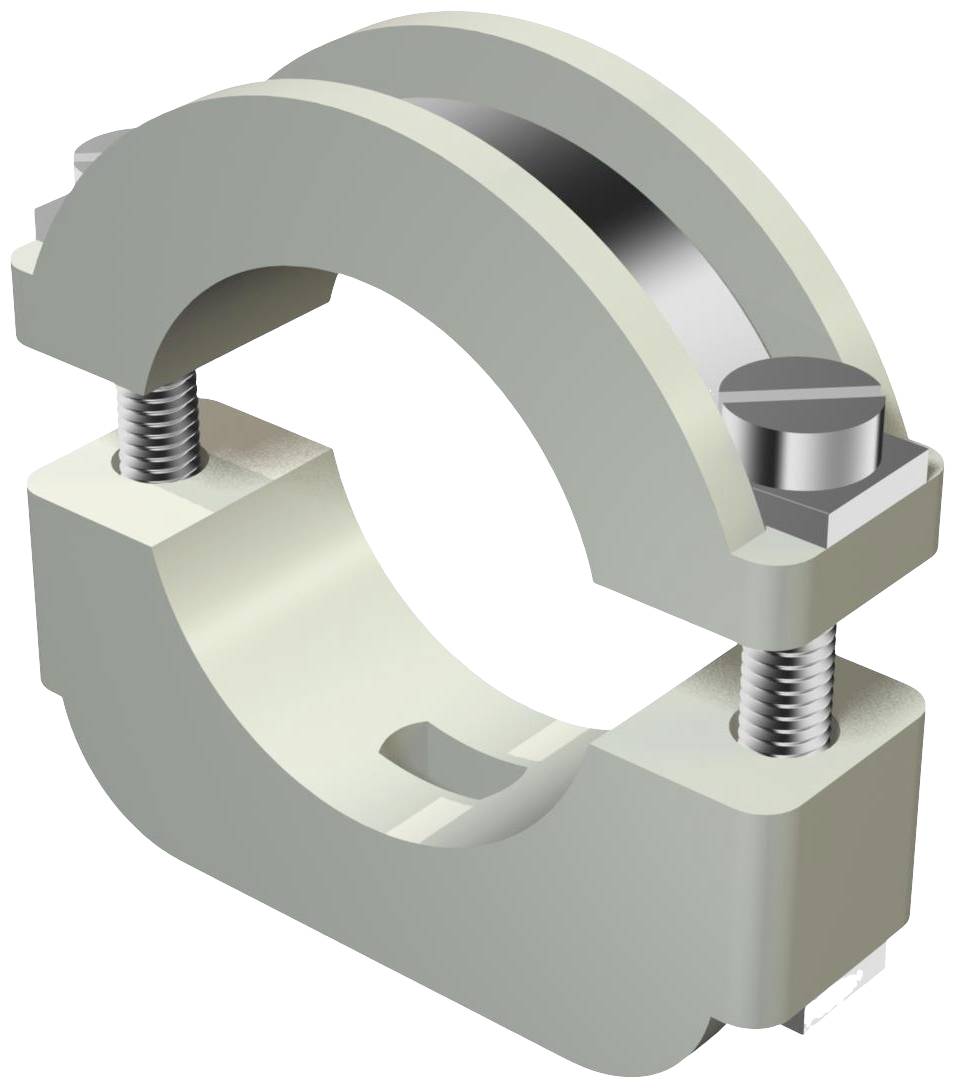 Eine graue Rohrschelle mit zwei Schrauben zur Befestigung, seitlich gesehen. Verwendet für die sichere Befestigung von Rohren.