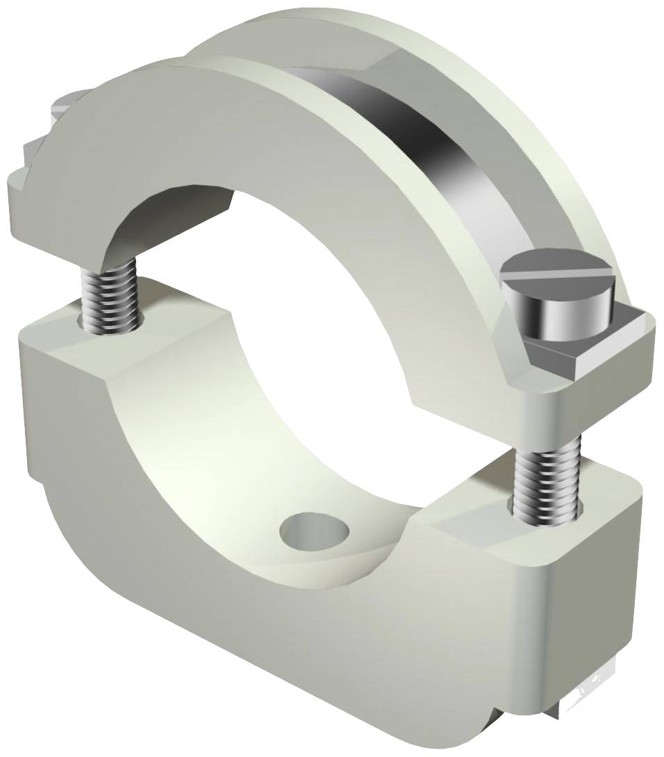 Graues, zweiteiliges Rohrschellenmodell mit Schrauben, zur Fixierung eines Rohrs. Draufsicht zeigt Bauweise und Montage.