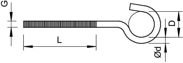 Technische Zeichnung eines Bolzens mit Maßen. Länge 'L', Durchmesser 'D' und 'ød', Gewinde 'G'.