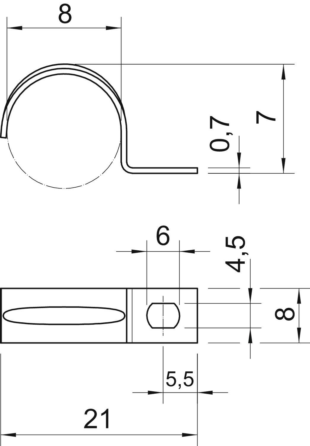 Technische Zeichnung einer Metallklammer: Seitliche und obere Ansicht mit Maßen. Breite 8 mm, Höhe 7 mm, Stärke 0,7 mm, Länge 21 mm.