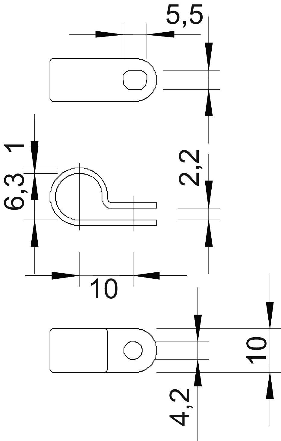 Technische Zeichnung eines Metallclips mit Maßen: Länge 10 mm, Höhe 6,3 mm, Breite 5,5 mm und Abstand 2,2 mm zwischen zwei Komponenten.