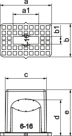 Technische Zeichnung eines Bauteils mit Abmessungen a1, b1, c, d und e. Rechteckige Form oben, Ansicht mit Verankerungsloch unten.