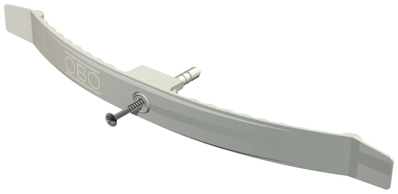 Metallschelle mit Schraube zur Befestigung, trägt die Aufschrift 'OBO'. Entwickelt für die Montage von Kabeln oder Rohren an Oberflächen.