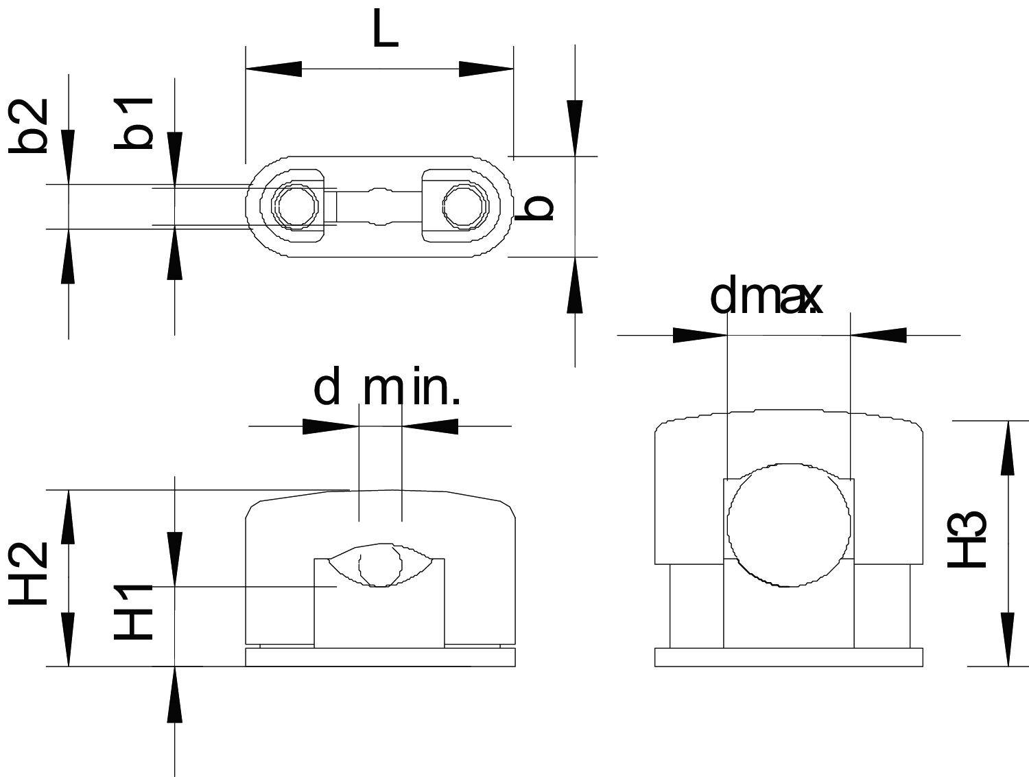 Technische Zeichnung eines Bauteils mit Markierungen für Maße b, b1, b2, L, d min., d max, H1, H2, H3. Draufsicht und Seitenansicht.