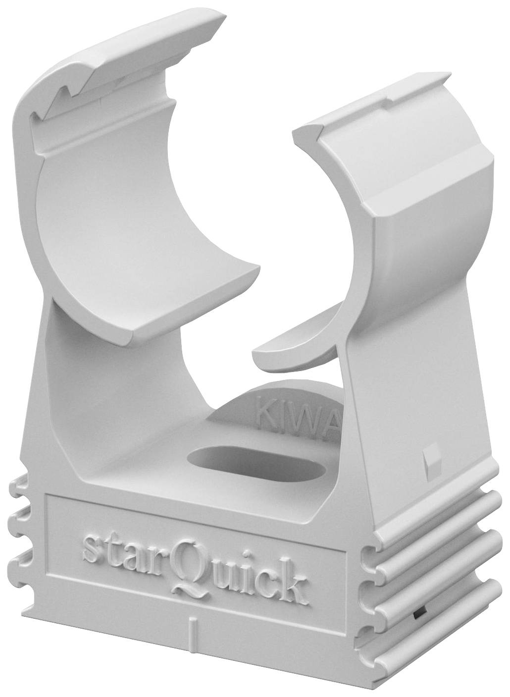 Eine weiße Rohrschelle mit dem Aufdruck 'starQuick'. Designed für die Befestigung von Rohren oder Kabeln in der Gebäudetechnik.
