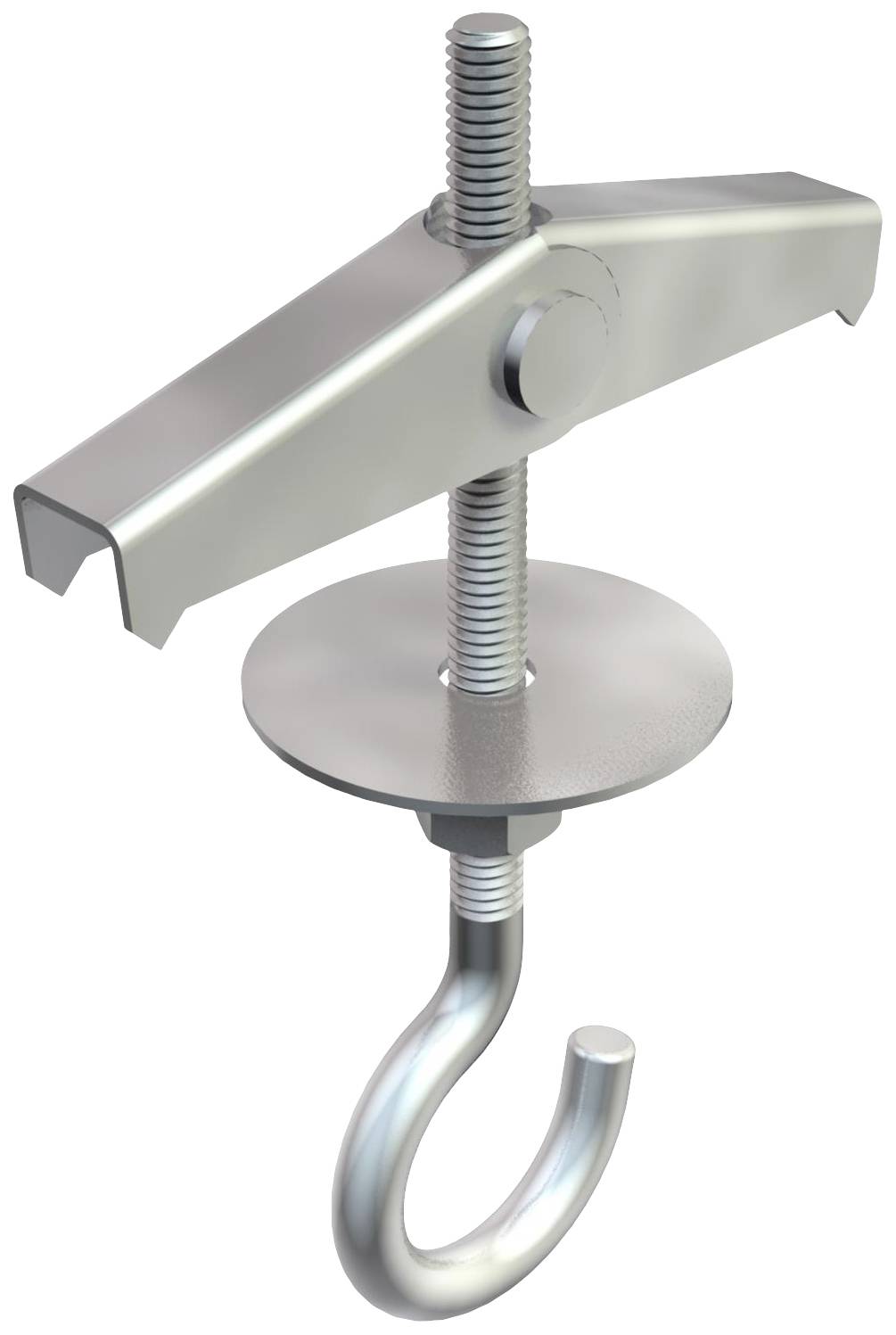 Metallhaken mit Schraubgewinde und rundem Befestigungsstück, geeignet zur Montage und Befestigung in Konstruktionen oder an Decken.