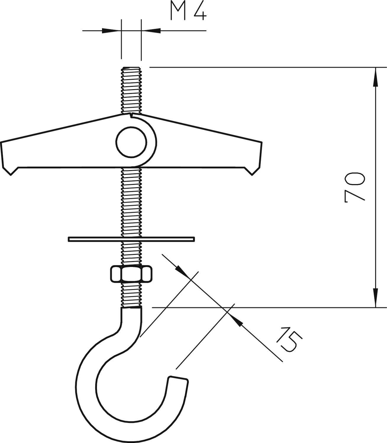 Technische Zeichnung eines Hakensystems. Enthält Maßangaben: M4-Schraube, 70 mm Höhe und 15 mm diagonale Bemaßung unten.