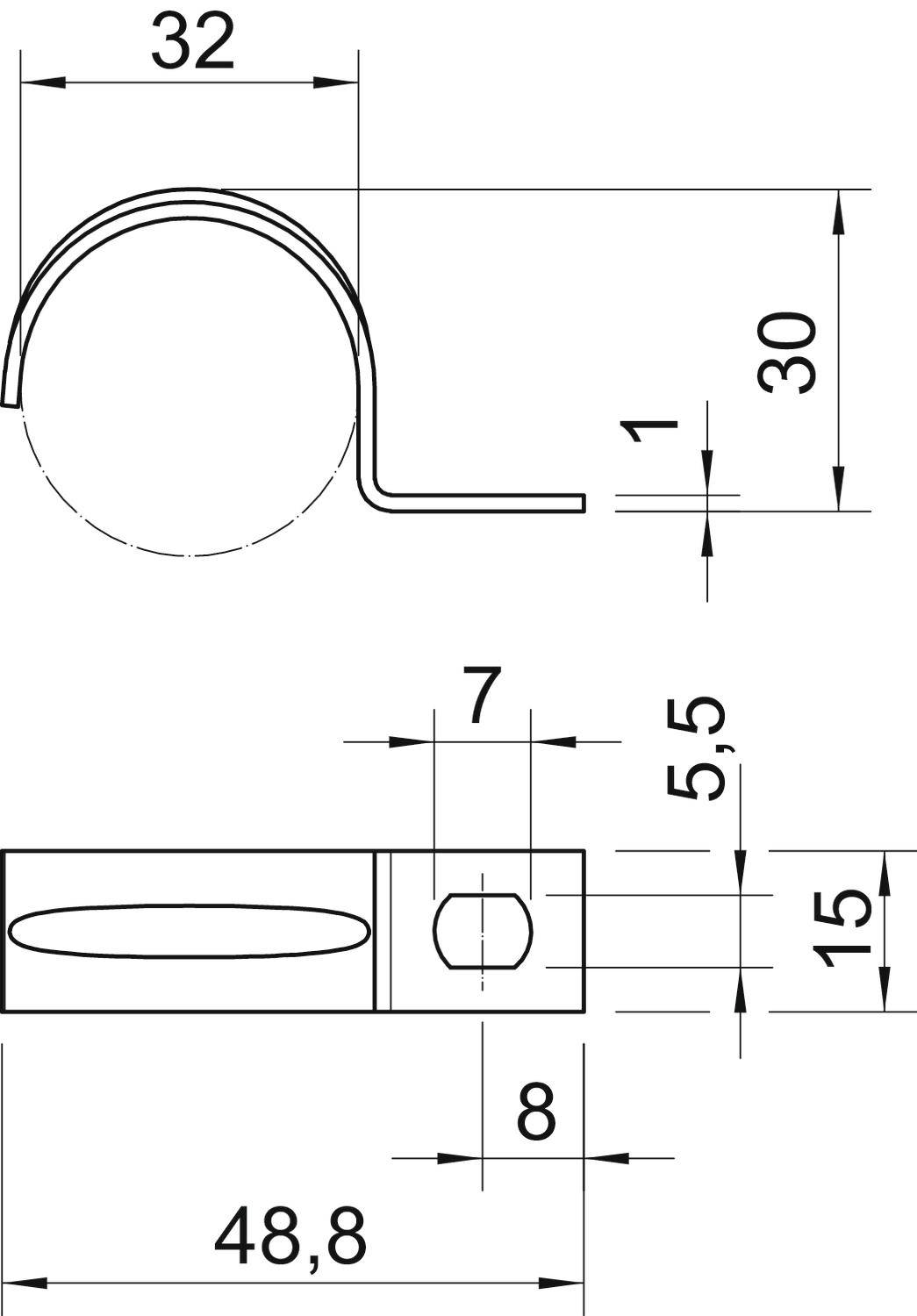 Technische Zeichnung eines Metallclips mit Bemaßungen: Breite 32 mm, Höhe 30 mm, dicke 1 mm, Länge 48,8 mm, Detailansicht von Aussparungen.