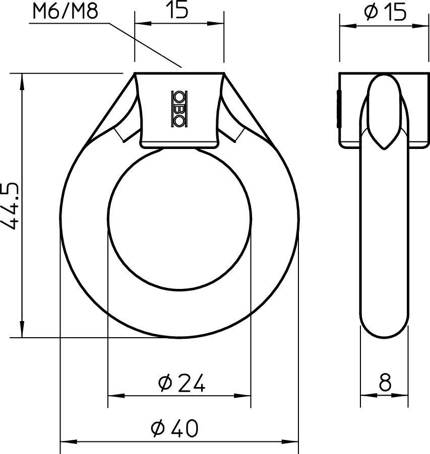 Technische Zeichnung eines Ringgriffs mit Maßen. Der Durchmesser des Griffs beträgt 40 mm, die Gesamtlänge 44,5 mm. Enthält Anschlüsse und Gewindedetails.