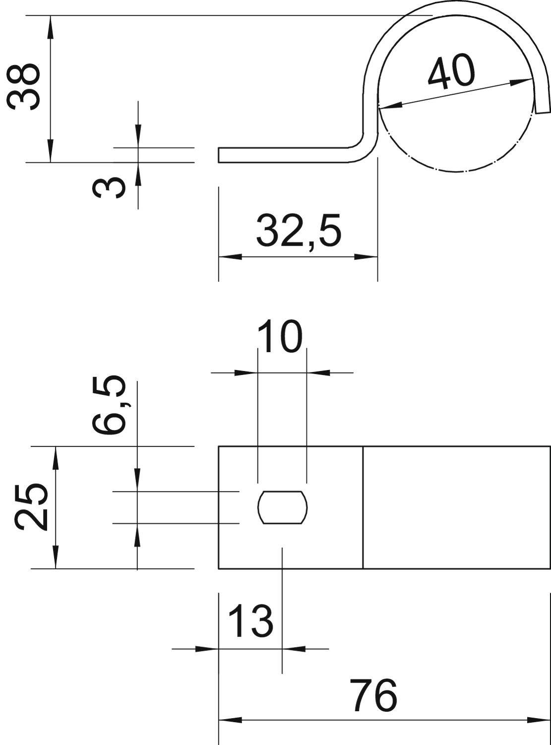 Technische Zeichnung eines Metallbügels mit Maßen: Durchmesser 40 mm, Höhe 38 mm, Gesamtlänge 76 mm, Befestigungslöcher 10 mm.